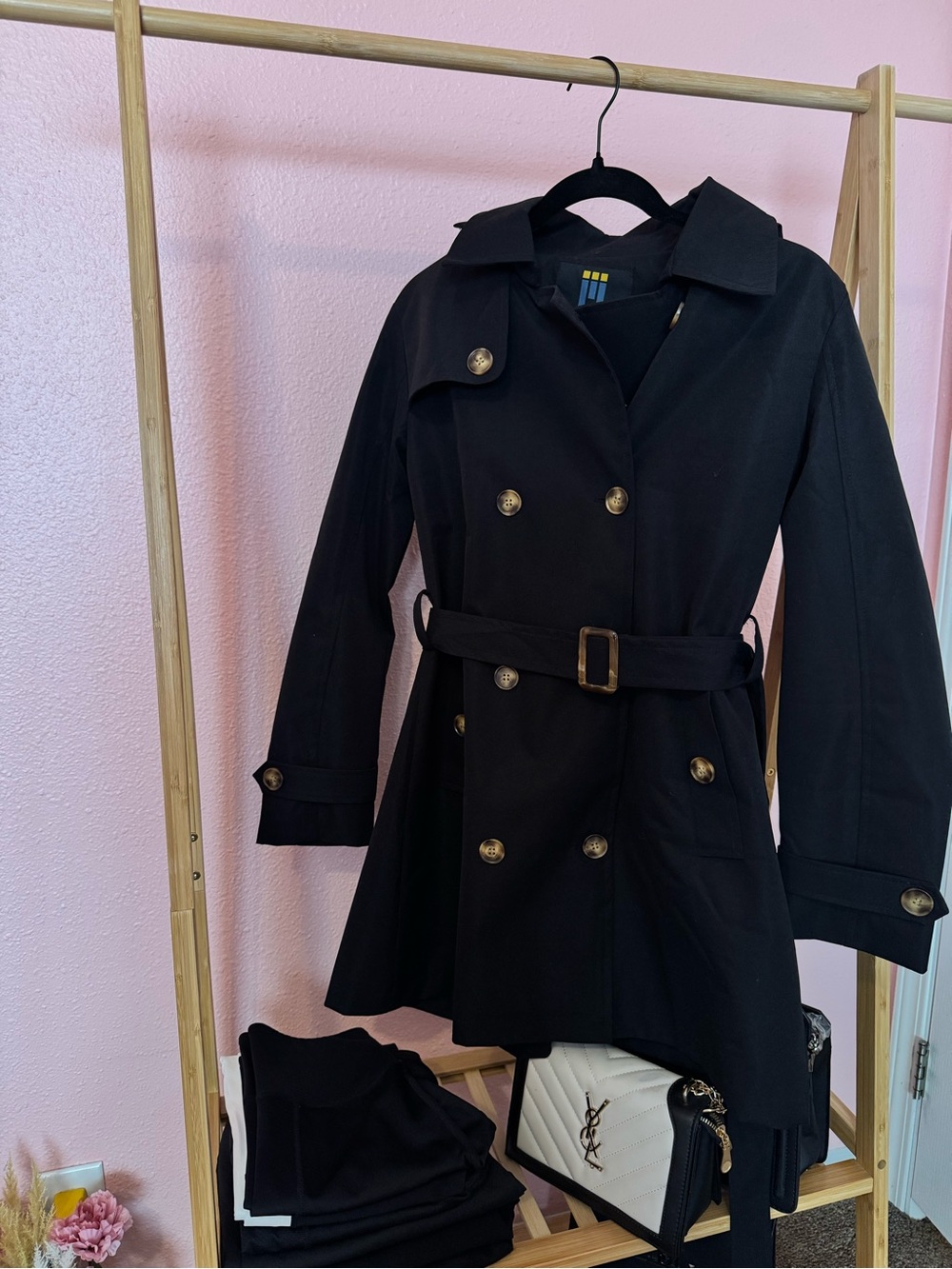 Classic Black Double-Breasted Trench Coat with Belt